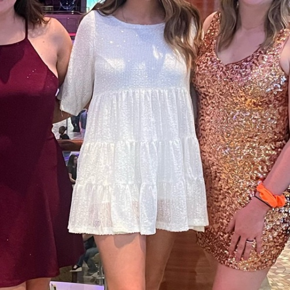 My Queen Sequin Pearl Baby Doll Dress White - Picture 5 of 5